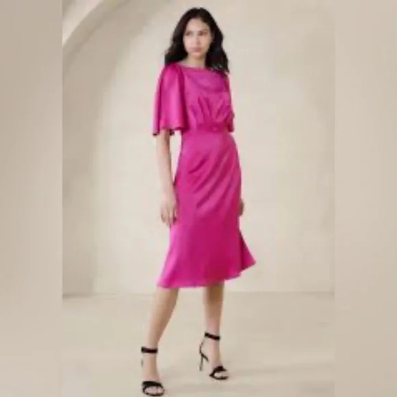 Banana Republic Satin Magenta Midi Dress Elegant Pink Flutter Sleeve Dress - Picture 12 of 13